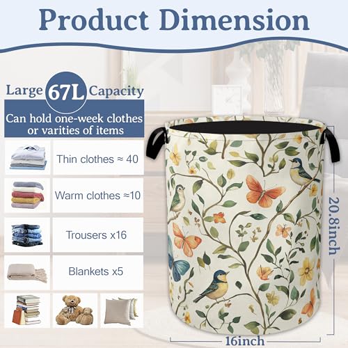 Bird Butterfly Laundry Basket,Oxford Cloth Vintage Nature Laundry Hamper With Handle Foldable Portable Clothes Storage Basket for Laundry Room/Bedroom/Bathroom 20.8"x16" - color: Bird Butterfly Vintage Nature