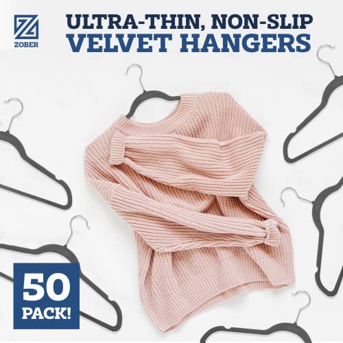 Zober Velvet Hangers 50 Pack - Heavy Duty Gray Hangers for Coats, Pants & Dress Clothes - Non Slip Clothes Hanger Set - Space Saving Felt Hangers for Clothing - color: Gray, size: 50 Pack