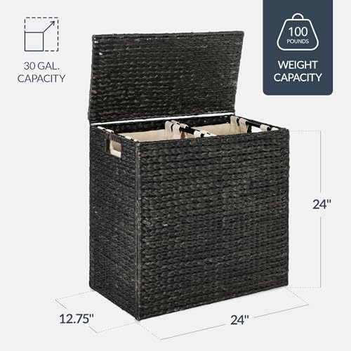 Best Choice Products Large Laundry Hamper with Lid, Natural Handwoven Hyacinth Laundry Basket, W/Removeable & Washable Liner Bag, Portable, Handles, 30 Gallon (114 liters) - Black - color: Black, size: Large, 114L