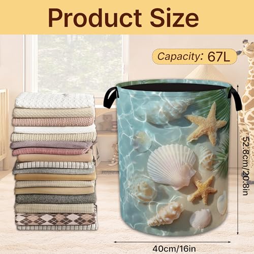 Sea Beach Laundry Basket,Starfish Shells Collapsible Laundry Baskets with Handles,Waterproof Oxford Cloth Hamper,Storage Organizer for Bathroom Bedroom Dorm - color: Sea Beach,Starfish Shells
