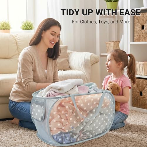 Sturdy Collapsible Laundry Baskets with Side Pockets, Mesh Pop Up Laundry Hamper, Foldable Clothes Storage Hamper with Reinforced Carry Handles for Home, Dorm, Travel -Polka Dot Print, Gray - color: grey