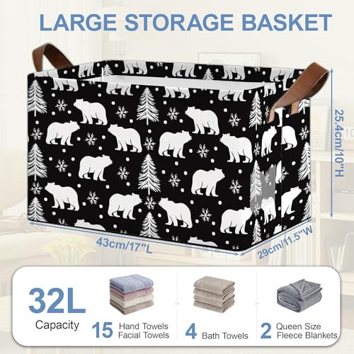 Bear Forest Collapsible Storage Box,Snowflake Winter Organizer Bin with Handles for Room Decoration,Bins Book Basket Box 17x11.5x10Inch - color: Bear Forest Snowflake Winter