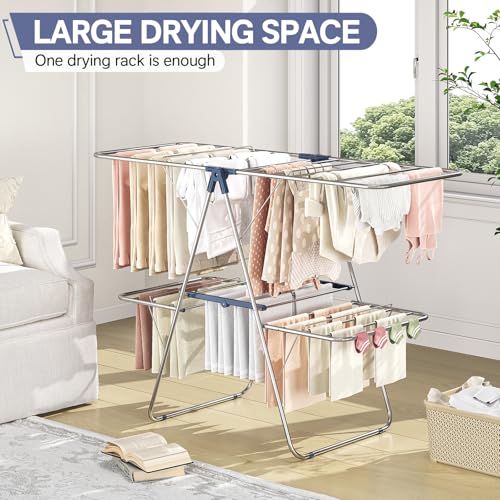 APEXCHASER Large Stainless Steel Clothes Drying Rack with 4 Wings - color: Regular Blue, size: 4 Wings