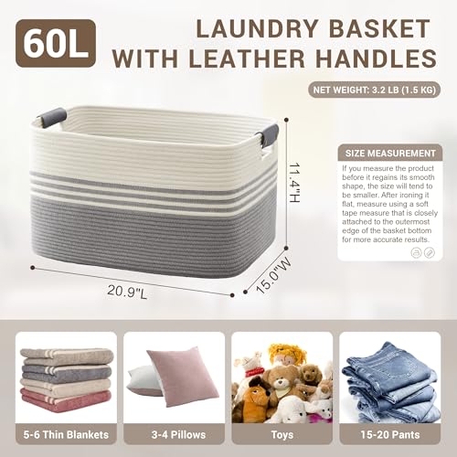 60L Woven Laundry Basket Hamper with Leather Handles,Grey - color: Grey, size: 60L