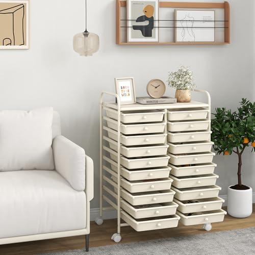 Giantex 20 Drawers Rolling Cart, Mobile Storage Drawer Cart, Classroom Organizer for Office School Supplies Tools Scrapbook Paper Craft Small Printer, Utility Stand on Wheels, Ivory White - color: White, size: 20 Drawer-25”x15”x35”