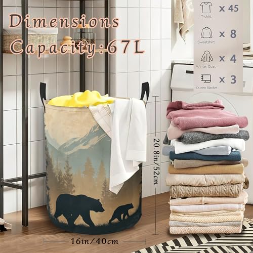 Black Bear Laundry Hamper,Mountain Forest Collapsible Laundry Basket with Handles Waterproof Storage Bin for Clothes Books Organizer Basket for Bedroom Bathroom Dormitories 16" x 20.8" - color: Black Bear Mountain Forest