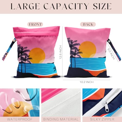 Wet Bag, Wet Dry Bag, Waterproof Swim Bags, Machine Washable Reusable Bags for Beach, Pool, Diapers, and Dirty Yoga Gym Clothes(Pink Sunset Beach Pattern - color: Neon Pink Coastal Reflection