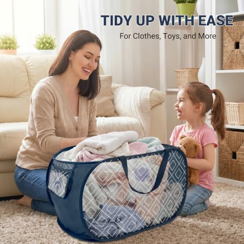 Collapsible Laundry Baskets with Side Pocket, Sturdy Pop Up Foldable Laundry Hamper with Reinforced Handles, Easy to Carry Clothes Hamper for Bathroom, Bedroom, Dorm, Travel -Prism Print, Navy Blue - color: navy blue