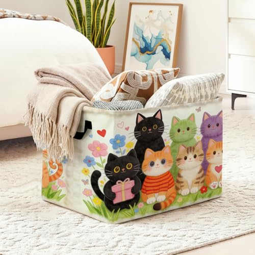 Cute Cat Floral Foldable Laundry Basket Hamper with Handles, 56L Large Capacity Toy Storage Organizer, Collapsible Clothes Hamper for Home Decor and Bedroom Organization. - color: Cute Cat Floral