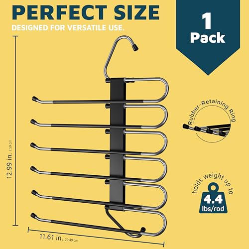Black Space Saving Pants Hangers 1 Pack, 6 Layer Jeans Hangers & Closet Organizer for Jeans, Scarves, Skirts, Multi-Layer Hanger with Anti-Slip Coating & Stopper, Heavy-Duty S-Type Stainless Steel - color: Black, size: 1 Pack