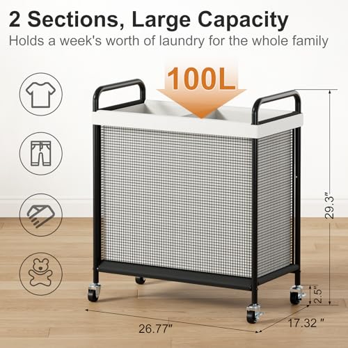 WOWLIVE Rolling Laundry Hamper 2 Section, 100L Laundry Basket with Wheels - size: 2-Section