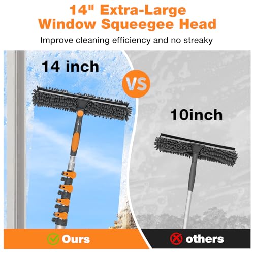 20FT Reach Window Squeegee with 5-13 FT Extension Poles, Extra-Large 14" Window Squeegee Window Cleaning Kit with Telescopic Pole,Window Cleaner Tool with Adjustable Head, for High Window, Glass, RV - size: 13FT POLE