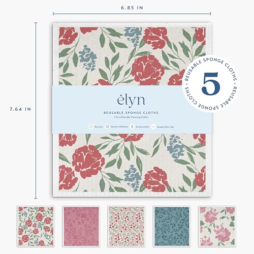 ELYN Swedish Dishcloths, Reusable & Washable Sponge Cloths, Absorbent Cleaning Paper Towels for Kitchen, Dishes, Counters and More, 5 Pack, Assorted Soft Botanical Patterns - color: Soft Botanicals