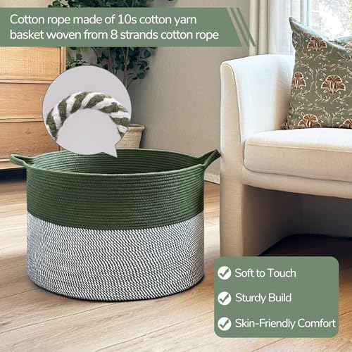 INDRESSME XXXLarge Woven Rope Blanket Basket Living Room Green, 90L - color: Green & White, size: 21.7"D x 13.8"H