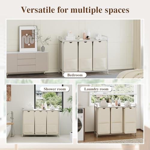Laundry Sorter 36.6x13x28.5 in, White 3-Section Hamper - size: 3 Bags-145.5L / White + Beige