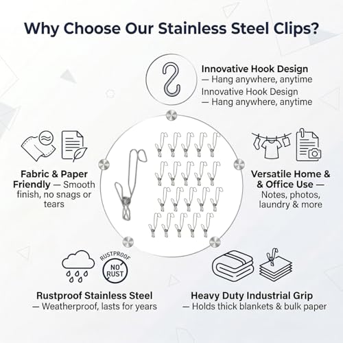20 Pack Stainless Steel Clothes Pins with Hooks, 4.3 Inch, Heavy Duty Metal Clips for Hanging Notes, Photos, Laundry, Towels, Non-Slip Windproof