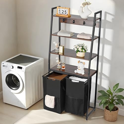 VEVOR 4 Tiers Laundry Sorter, Tall Laundry Hamper with Shelves and Hooks, 2 Section Freestanding Basket Organizer Storage with 600D Oxford Cloth Bags and Ladder Shelves for Dirty Clothes, Bathroom - style: 4 Tiers