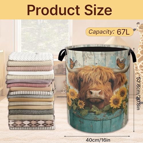 Laundry Hamper Foldable with Handles,Highland Cow Oxford Cloth Laundry Basket,Sunflower Butterfly Storage Organizer for Bathroom Bedroom Dorm 16"x20.8" - color: Highland Cow,Sunflower Butterfly,Blue Wooden