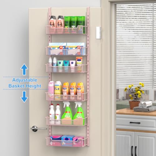 VyGrow 12.3" W Narrow Over the Door Pantry Organizer, 6-Tier Over the Door Organizer with Adjustable Basket, Pantry Door Organization for Pantry Kitchen Storage Room Spice Rack, Pink - color: Pink, size: 12.3"W 6-Tier