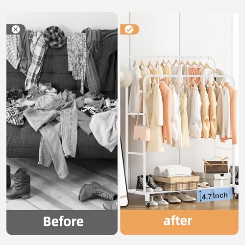 Sooyee Double Rod Clothing Rack with Wheels,3 Tier Garment Racks for Hanging Clothes,Portable Clothes Rack with 4 Hooks for Bedroom,Laundry Room,White - color: White