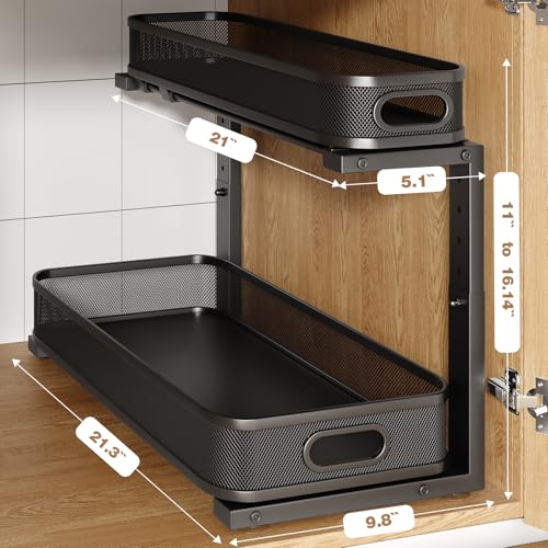 2 Pack 21.3IN-Depth Under Sink Organizer with Smooth Cylindrical Rail,2-Tier Pull Out Multi-Purpose Cabinet Storage for Bathroom&Kitchen,Height Adjustable,Rust-Resistant Coating-Black - color: Black, size: 2 Pack-21.3"Depth