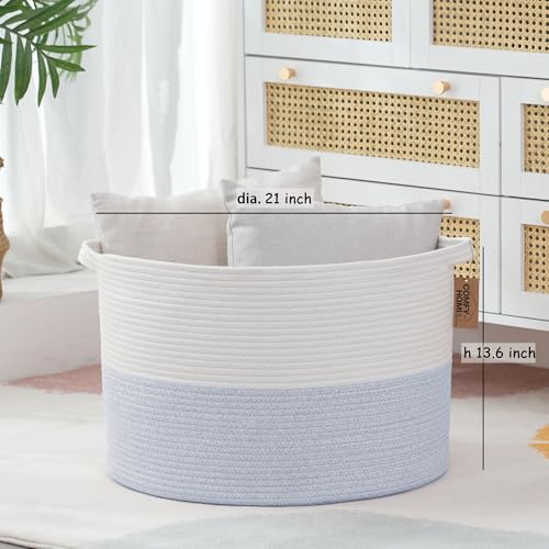 COMFY-HOMI XXXL Large Laundry Basket, Cotton Rope Nursery Woven Basket for Storage, Blanket Baskets Living Room Laundry Hamper, Dog Toy Storage Organizer, Home Decor - color: white/blue, size: 21''x21''x13.6''