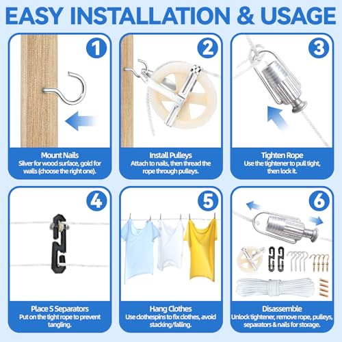 Clothes Line Pulley Kit, 164ft Polyester Clothes Line Rope Outdoors