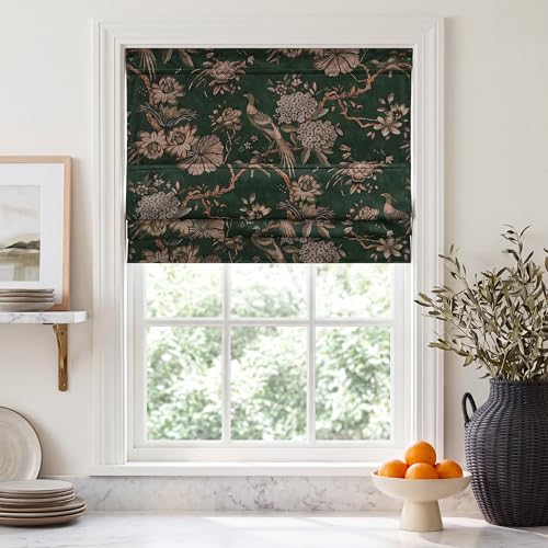 RYB HOME Patterned Velvet Roman Shade, Vintage Room Darkening&Thermal Insulated Cordless Blind, No Drill Magnetic Window Shade for Living Room/Bedroom, French Country Decor, W36xL64, 1 Panel - color: Bird Branch - Dark Green, size: 36"W x 64"H