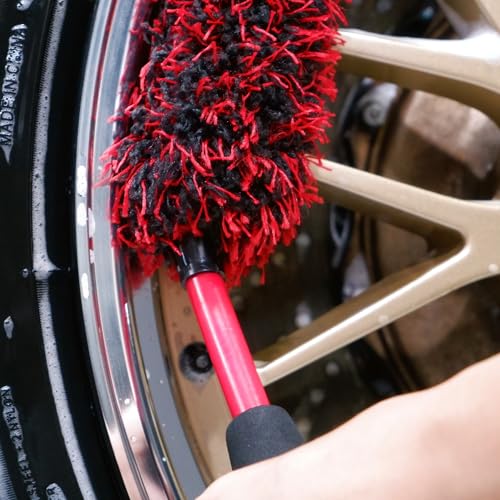 oesee Angled Wheel Brush Kit 3 Pack- Angled Microfiber Wheel Brush, Wheel Barrel Brush, Detailing Brush Scratch Free Calipers Wool Spoke Brush Cleans Brake Dust from Barrels& Hard to Reach Areas - size: Angle Red 3 Pack