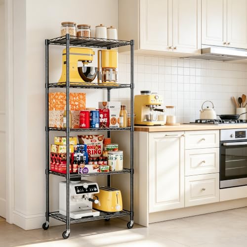 REGILLER 5-Wire Shelving Metal Storage Rack Adjustable Shelves,Standing Storage Shelf Units for Laundry Bathroom Kitchen Pantry Closet(Black,11.8" D x 21.2" W x 55" H,With Wheels) - color: Black, size: With Wheels 5tier 11.8"D x 21.2"W x 53.5"H