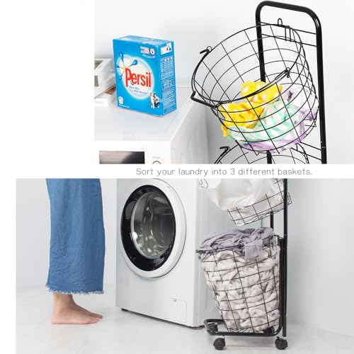 Farios 3 Tier Rolling Laundry Hamper, Black