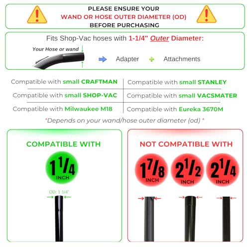 Universal 1.25 Inch (32MM) Vacuum Brush Attachments plus Extension Tubes & Adapter Kit for Small Shop Vacs Hose 1-1/4'' - Vacuum Extension Wand & Accessories for Small Shop Vac - color: Attachments&Wands