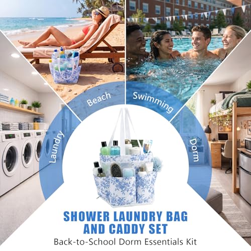 2 Pcs Backpack Laundry Bag and Caddy Set for Dorm and Travel, Floral, Blue - color: Blue