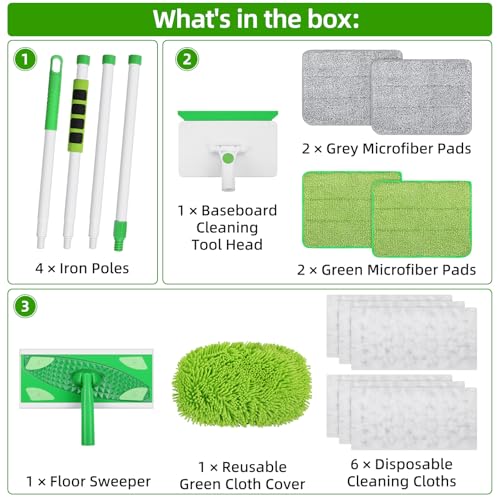 Baseboard Cleaner Tool with Handle, Extendable Long Handle Baseboard Floor Cleaning Tool Duster with Reusable Pads for Floorboard - color: Green