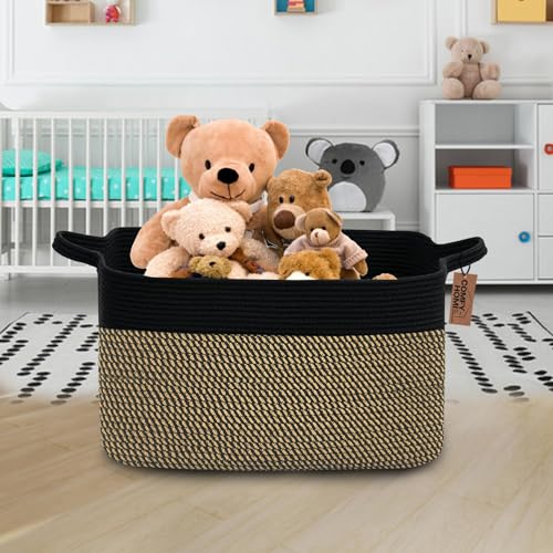 COMFY-HOMI Large Rectangular Blanket, Cotton Rope Woven for Storage, LaundryHamper, Storage,Toy Organizing Bin with Handle, Organizer and Storage-22x15x12- - color: Black/Jute, size: 22''x15''x12''