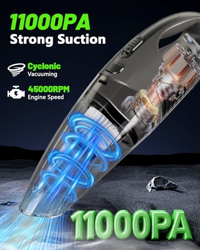 Handheld Vacuum Cordless, 11KPA Strong Suction & 25 Mins Runtime Brushless Motor, Rechargeable Car Vacuum Cleaner with 2 HEPA Filter/Multi-Accessories/Lightweight, for Home/Car/Office Cleaning - color: Black Grey