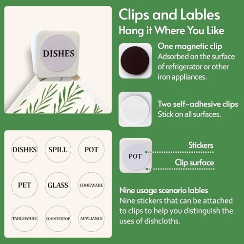 Eulnars Swedish Dishcloths for Kitchen, 8 Pack Green Reusable Paper Towels with Clips, Non-Scratch Swedish Kitchen Towels, Super Absorbent Cellulose Sponge Cloths, Dishwasher Safe, No Odor - color: Green Leaves