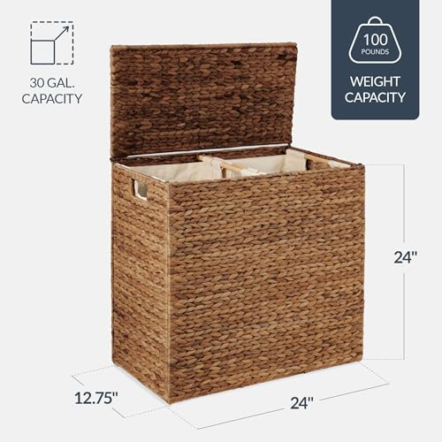 Best Choice Products Large Laundry Hamper with Lid, Natural Handwoven Hyacinth Laundry Basket, W/Removeable & Washable Liner Bag, Portable, Handles, 30 Gallon (114 liters) - Chestnut - color: Chestnut, size: Large, 114L