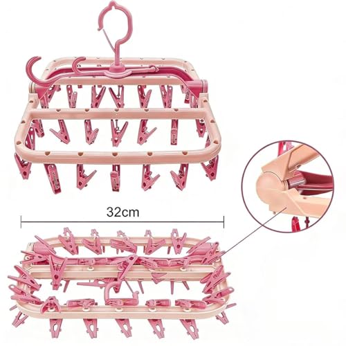 Sock Dryer with pegs for Washing line with 32 Clips and 360° Suitable for Socks Underwear Insoles Baby Clothes Gloves (Pink)