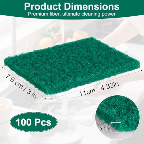 100 Pcs Scouring Pads, 4.3 X 3 X 0.3 in, Green