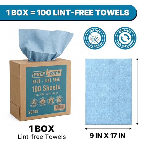 Lint-Free Cleaning Towels | Heavy Duty, Solvent Resistant Wipes for Auto Body & Industrial Prep | 100 Pack, 9" x 17", Blue 26019 - color: Blue