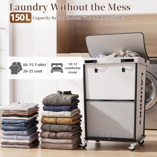 Laundry Hamper with Wheels and Lid, 150L Large Rolling Laundry Basket White - color: White, size: 150L