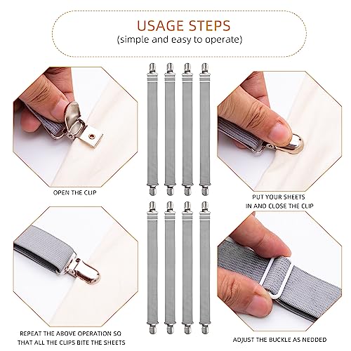 8Pcs Adjustable Bed Sheet Straps Clips, Elastic Mattress Sheet Fasteners Holder and Suspenders, Grippers to Hold Sheet, Mattress, Sofa, Couch, Table Cloth, Ironing Board Cover(Grey) - color: 8pcs Grey