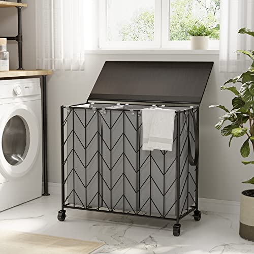 WOWLIVE Laundry Hamper 3 Section with Lid, 142L Laundry Basket with Wheels - color: Grey, size: 142l(28.35 x 13 x 26.4 Inches)