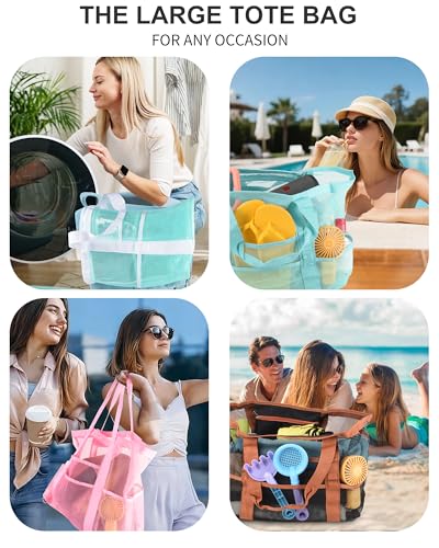 Genteen 40L Mesh Beach Bag, Foldable Sandproof Tote with Waterproof Pocket Quick Dry for Women Family Pool Vacation - color: Mint Green