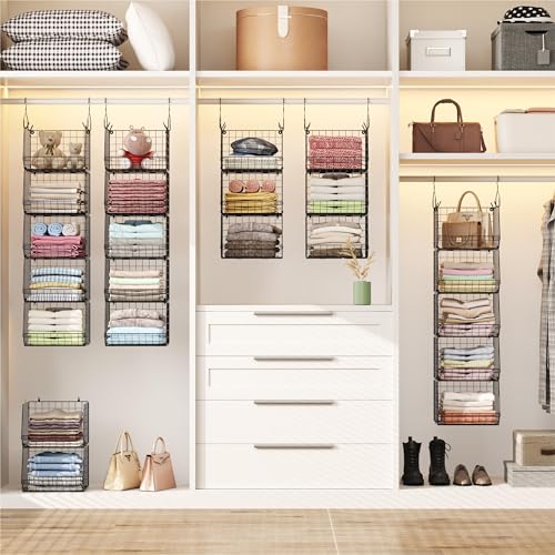 X-cosrack 5 Tier Closet Hanging Organizer, Clothes Hanging Shelves with 4 Hanging Hooks 5 S Hooks, Wire Storage Basket Bins, for Clothing Sweaters Shoes Handbags Clutches Accessories Patent Design - color: Black