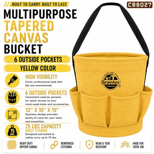 Graintex Tapered Canvas Bucket 12"x10"x15", Utility Tool Bucket 6 Pockets Outside, Reinforced Base & Carry Handle, Ripstop Canvas, Multi-Purpose Bag for Jobsite & Home Use - Yellow - color: Yellow