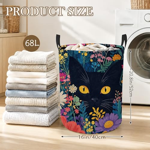 Black Cat Laundry Hamper, Floral Garden Laundry Baskets, Waterproof Oxford Cloth for Room/Bathroom/Bedroom/Dormitories 16x20.8 Inch - color: Black Cat