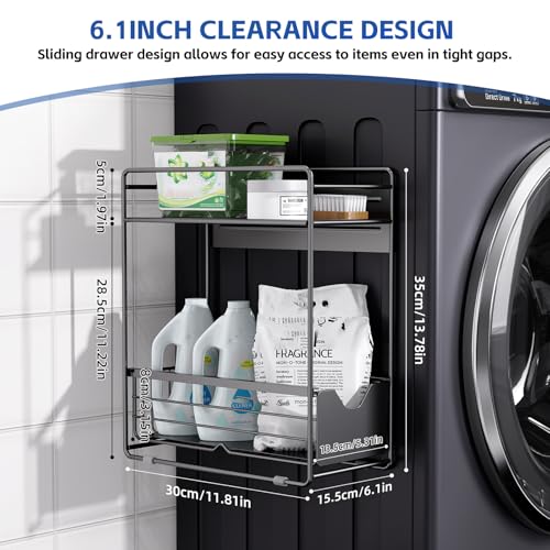 2 Tier Magnetic Shelves for Washing Machine with Pull Out Metal Drawer - color: Black