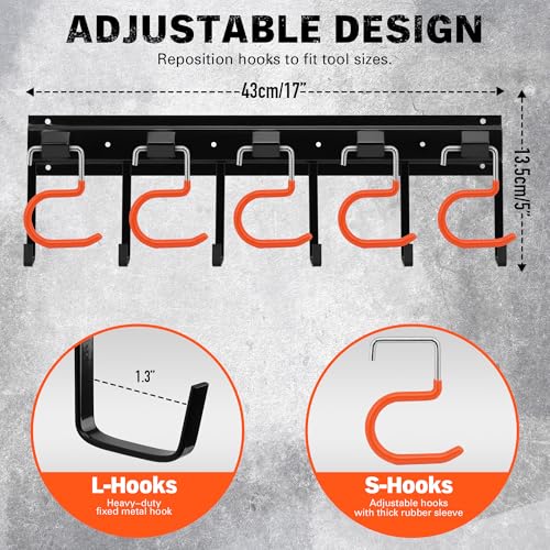 ELEAD 68'' All Metal Adjustable Garden Tool Organizer: Garage Tool Organizer Wall Mount with Orange Hooks, Garage Organizers and Storage, Tool Hangers for Shed - color: 68-Inch Orange